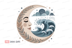 Crescent moon face with ocean waves water Product Image 1