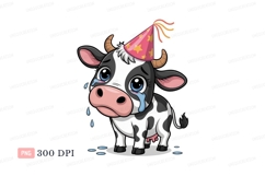 Sad cow wearing party hat crying Product Image 1