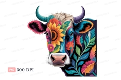 Colorful cow adorned with vibrant flowers floral illustratio Product Image 1