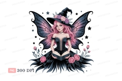 Pink haired fairy witch reading book roses Product Image 1