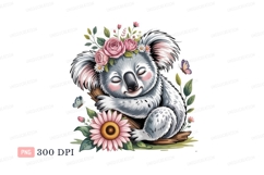 Sleeping koala with flowers and butterflies pink Product Image 1