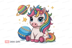 Cute unicorn with rainbow mane and planets horn flower Product Image 1