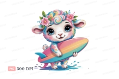 Cute fluffy sheep holding surfboard rainbow Product Image 1