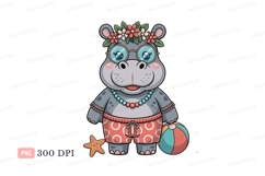 Hippopotamus wearing flowers sunglasses and beach shorts Product Image 1