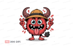 Red monster wearing hat peace sign horns Product Image 1