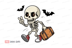Cartoon skeleton traveling with suitcase orange brown Product Image 1