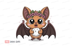 Cute bat wearing flower crown holding fluffy ball cartoon Product Image 1