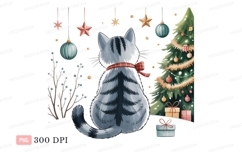 Gray cat with striped fur wearing red scarf near Christmas t Product Image 1