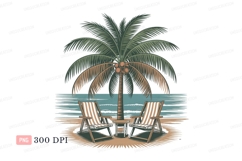 Tropical beach scene with palm tree and chairs coconuts Product Image 1