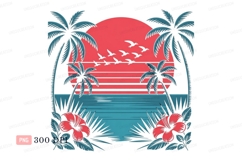 Tropical sunset with palm trees and flowers birds Product Image 1