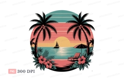 Tropical sunset beach scene with palm trees and sailboat Product Image 1