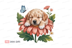 Golden puppy sleeping on flower with butterfly image Product Image 1