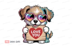 Fluffy puppy with heart sunglasses holding love sign Product Image 1