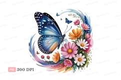 Blue butterfly surrounded by colorful flowers orange Product Image 1