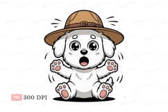 Fluffy white puppy wearing brown hat image Product Image 1