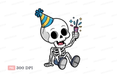 Skeleton wearing party hat holding popper celebration Product Image 1