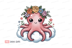 Pink octopus wearing flower crown on clouds flowers Product Image 1