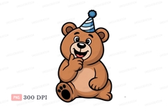 Happy bear wearing party hat blue white Product Image 1