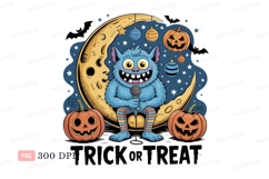 Blue monster singing on moon with pumpkins microphone Product Image 1