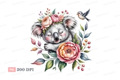 Sleeping koala surrounded by flowers and a bird leaves Product Image 1