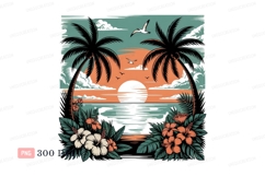 Tropical sunset ocean palm trees birds image Product Image 1