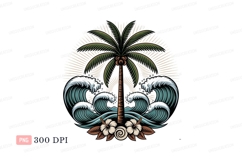 Tropical palm tree ocean waves hibiscus image Product Image 1