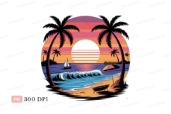 Tropical sunset beach scene with palm trees ocean waves Product Image 1