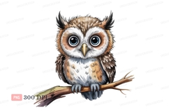 Cute owl perched on branch bird cartoon Product Image 1