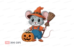 Cute mouse holding pumpkin and broom halloween witch Product Image 1
