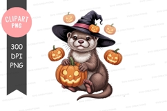 Otter wearing witch hat holding pumpkin halloween Product Image 1