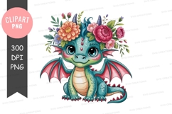 Adorable blue dragon with floral crown pink purple Product Image 1