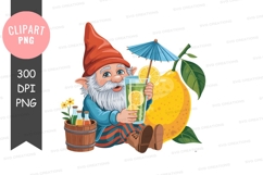 Cheerful gnome holding flower and suitcase garden travel Product Image 1