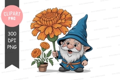 Cheerful gnome holding orange flower blue plant Product Image 1