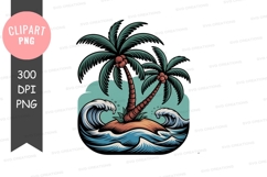 Purple gnome holding bucket Tropical island palm trees ocean Product Image 1