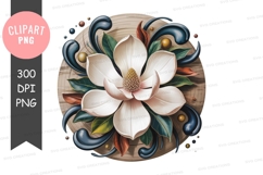 White magnolia bloom dark blue swirls petals green Product Image 1