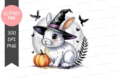 White bunny wearing witch hat with pumpkin rabbit orange Product Image 1