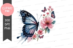 Blue pink butterfly floral watercolor image Product Image 1