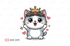 Cute cat wearing crown and flower wreath flowers hearts Product Image 1