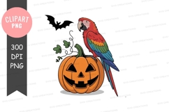 Colorful parrot perched on carved pumpkin macaw halloween Product Image 1