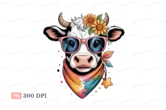 Cool cow wearing sunglasses and flowers bandana colorful Product Image 1