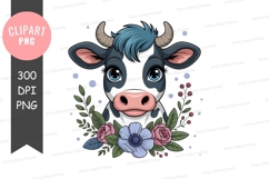 Cute cow with blue hair and flowers animal cartoon Product Image 1