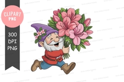 Cheerful gnome holding pink flowers bouquet happy Product Image 1