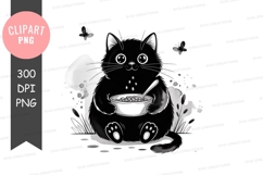 Fluffy black cat eating cereal white bowl Product Image 1
