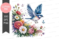 Blue bird flying over colorful flowers image Product Image 1