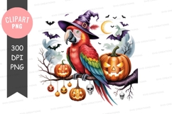 Halloween parrot witch clipart with pumpkins and bats Product Image 1