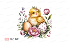 Fluffy chick surrounded by Easter eggs and flowers Product Image 1