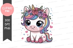 Cute cartoon unicorn clipart with rainbow mane and flower cr Product Image 1