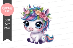 Cute baby unicorn clipart with rainbow mane and flower crown Product Image 1