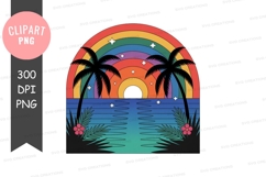 Retro rainbow sunset palm trees clipart Product Image 1