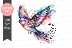 Whimsical watercolor bird clipart with flowers and butterfli Product Image 1